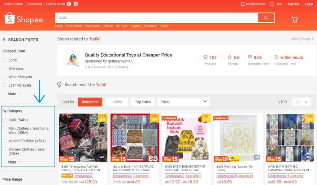 image of keyword batik result shown on shopee