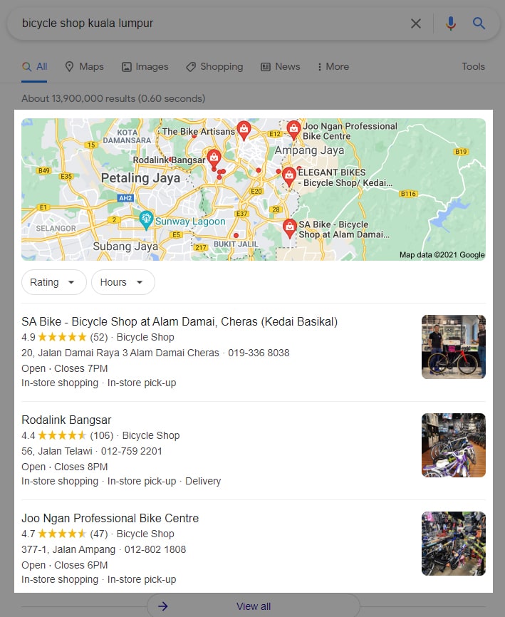 google map for bicycle shop in kuala lumpur