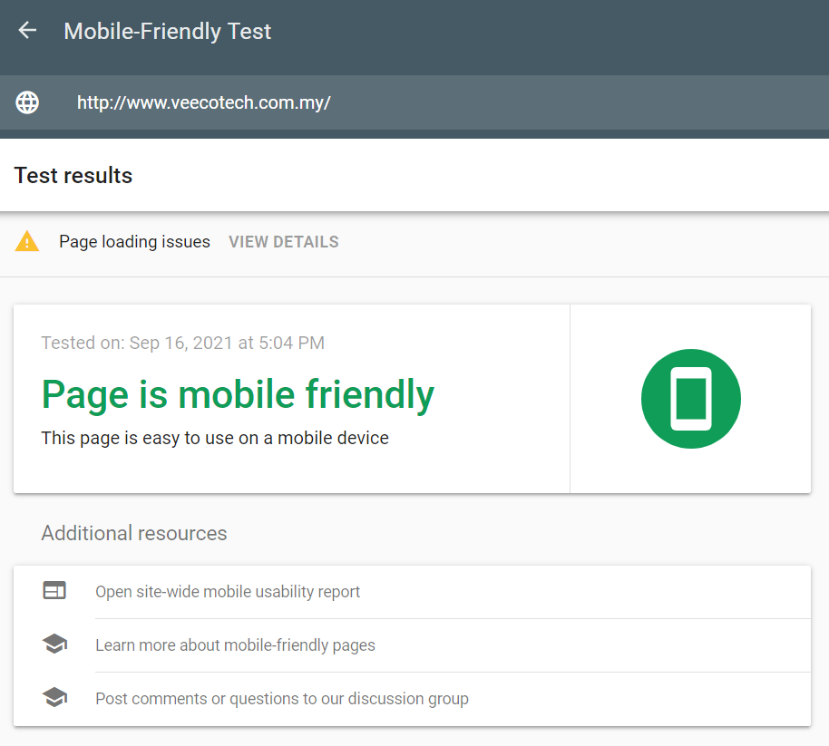 Google mobile friendly test