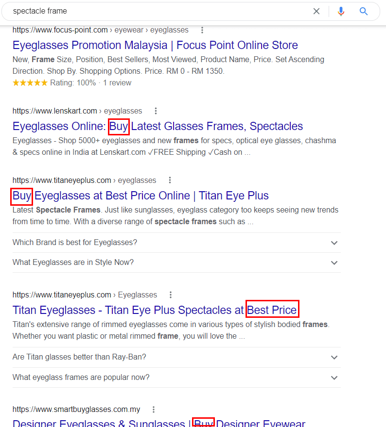 google search result of spectacle frame