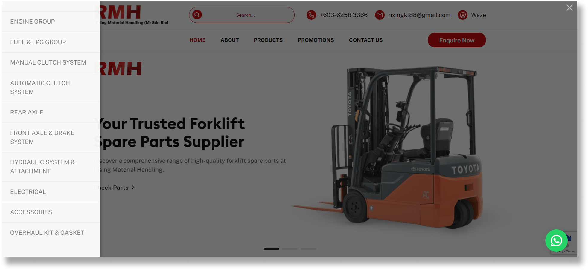 RMH forklift spare part supplier menu view
