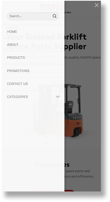 RMH forklift spare part accessories supplier home page menu