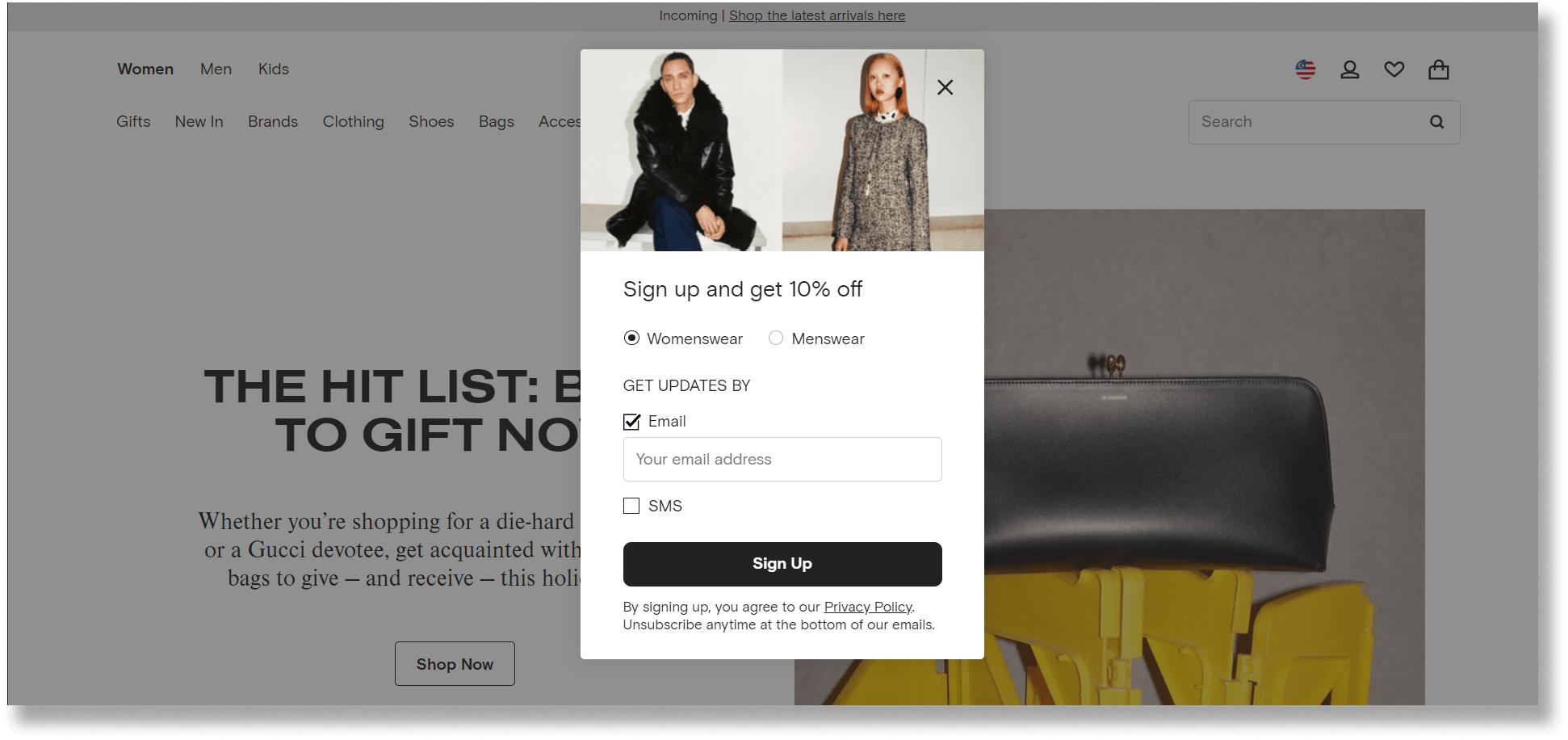 entry popup example by farfetch