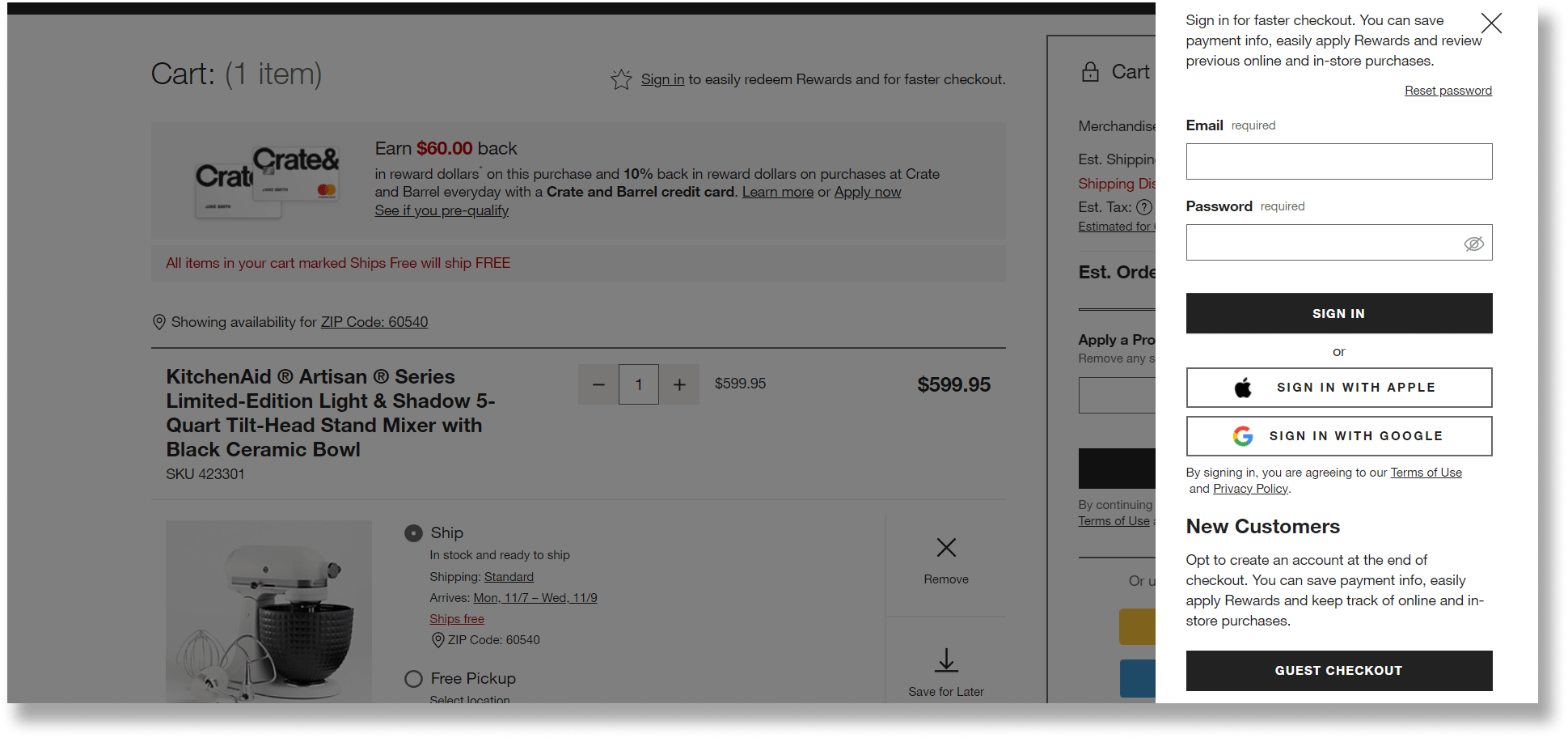 example of guest checkout on ecommerce store