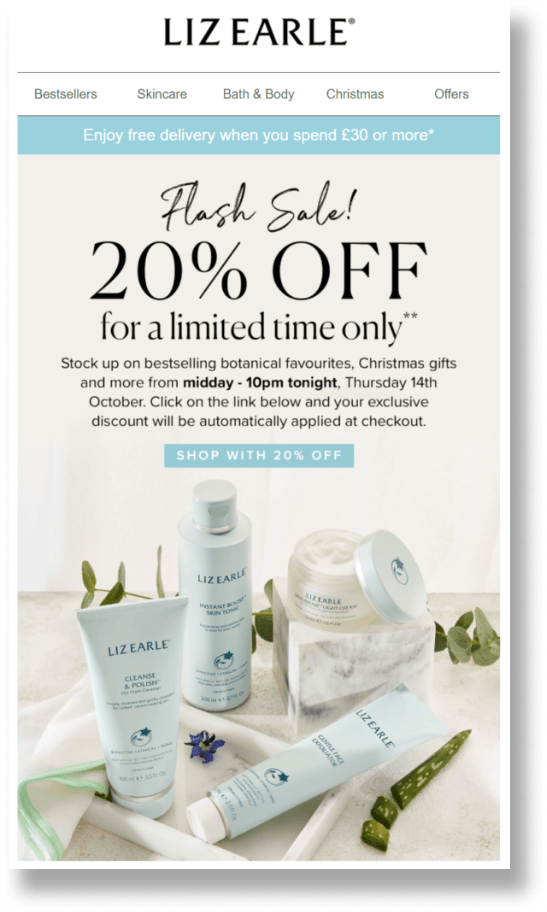 flash sale example by liz earle