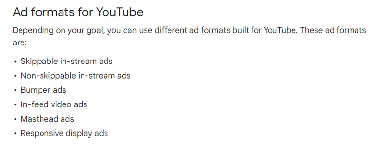 Different formats for Youtube ads