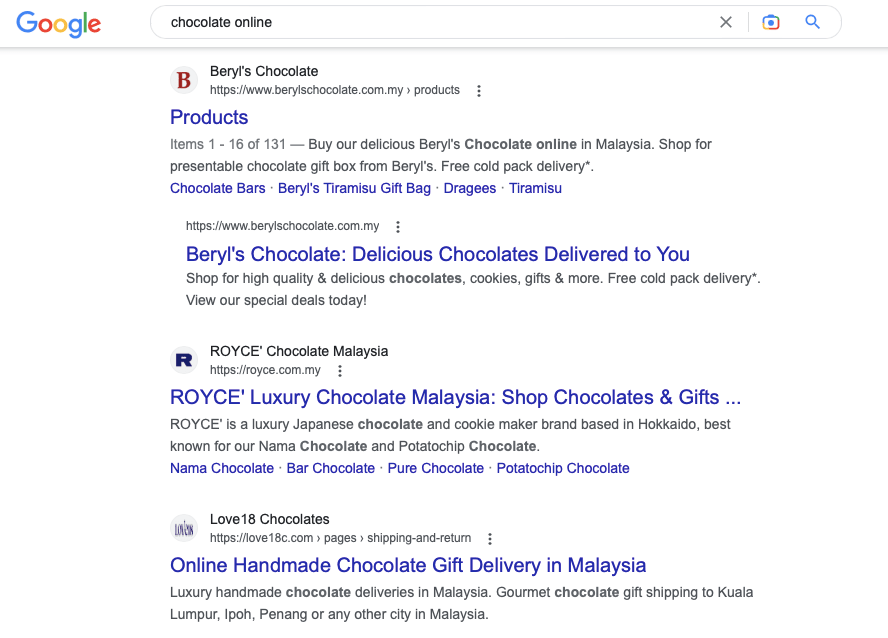Search for the keyword "chocolate online"