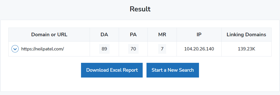 moz domain authority checker result