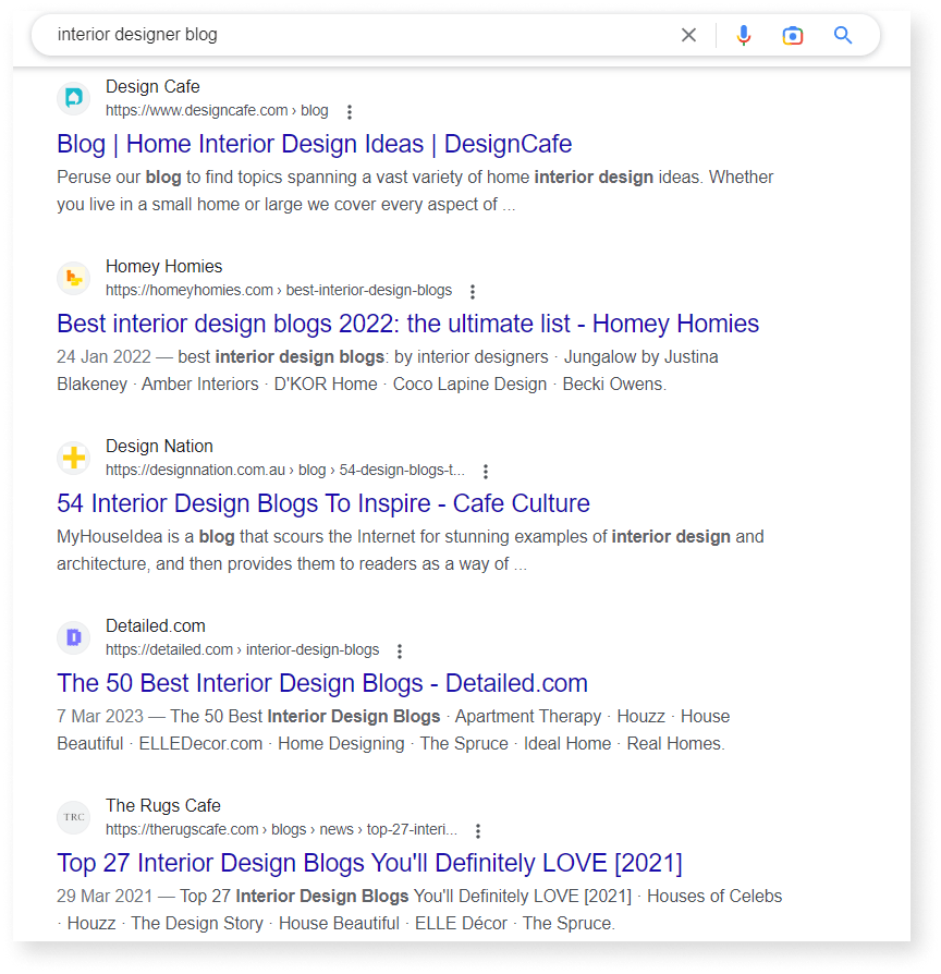 SERP of interior design blog
