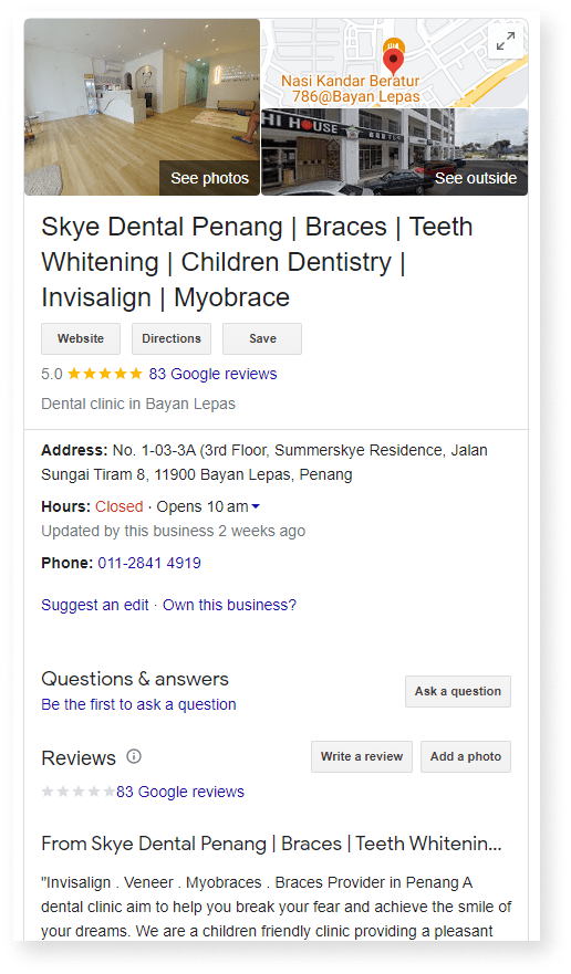 skye dental penang google my business results