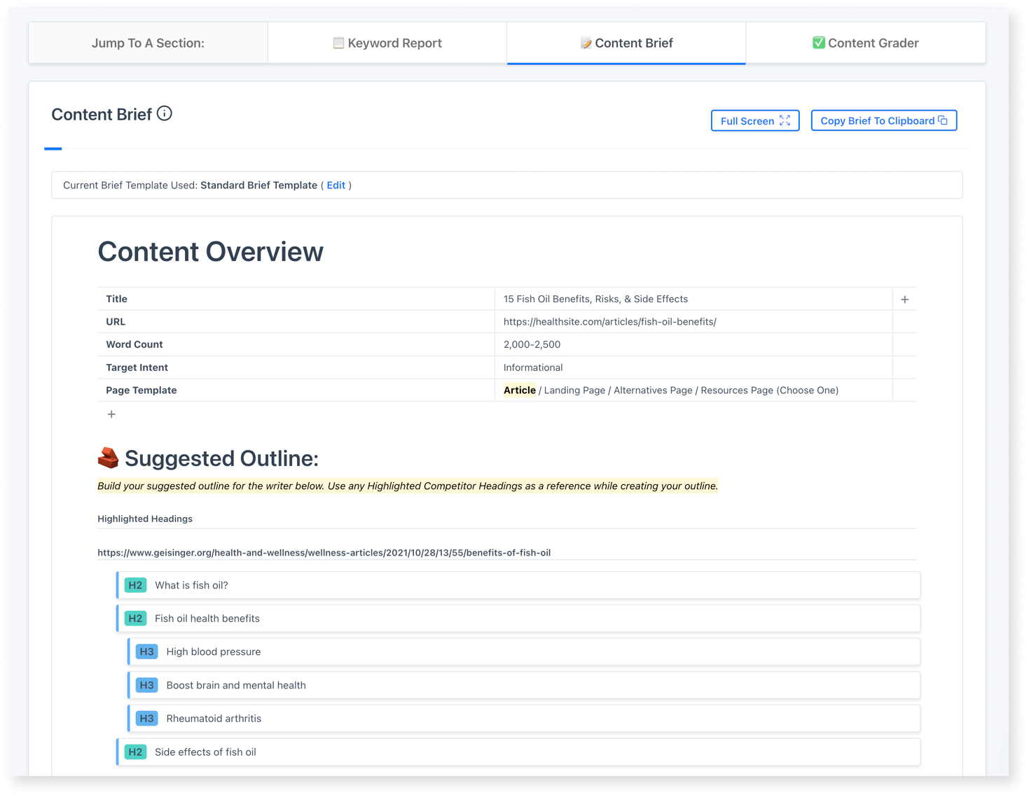 screenshot of content brief in content harmony