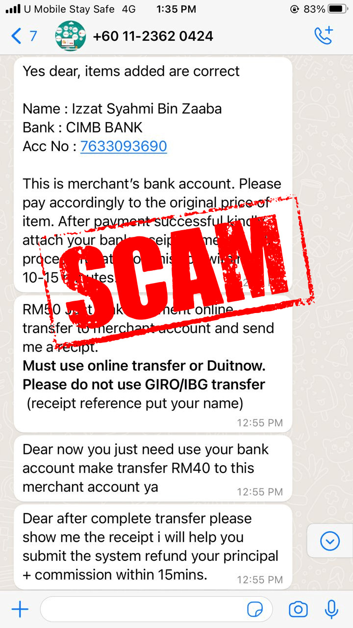 screenshot of scam message to ask for transfer money to fake bank account