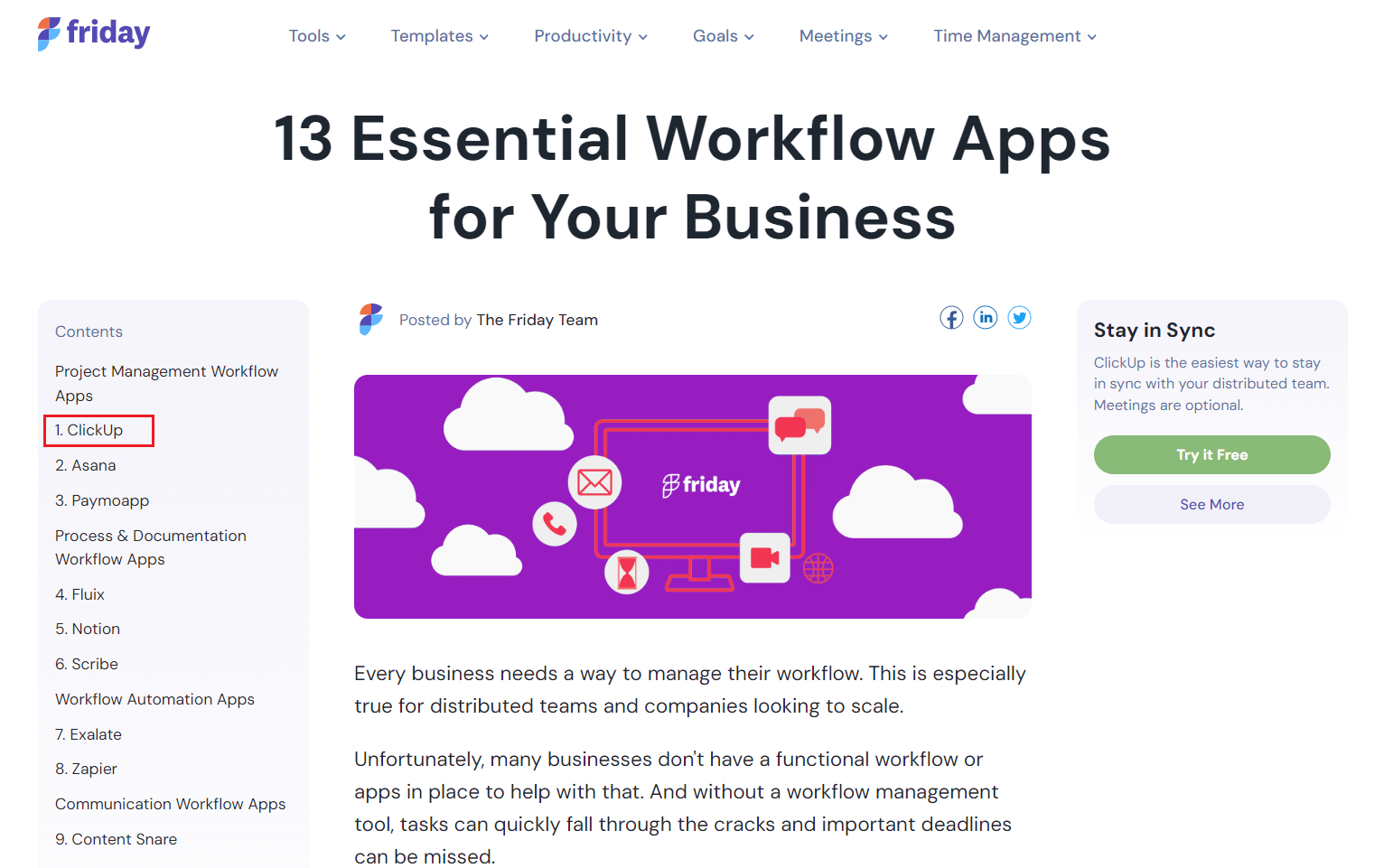 friday app featured clickup in the article