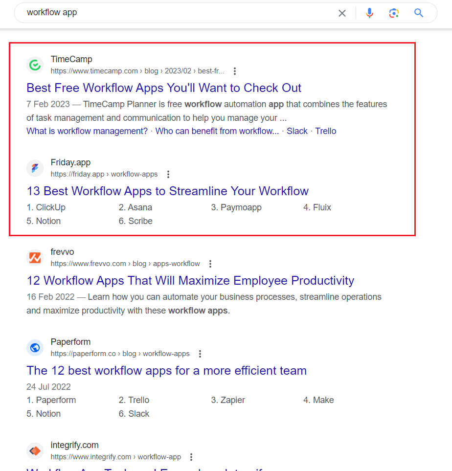 serp result for the keyword workflow app