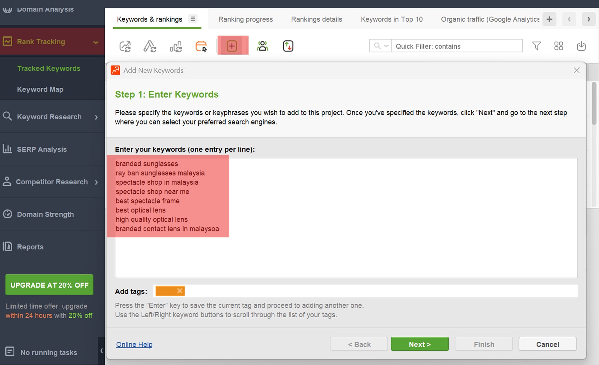 A screenshot of adding new keyword for tracking in Rank Tracker