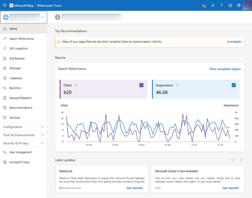 A screenshot of Bing Webmaster Tool 