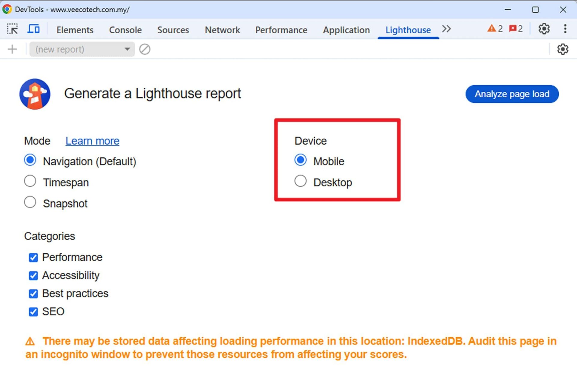 A screenshot of Lighthouse of DevTools