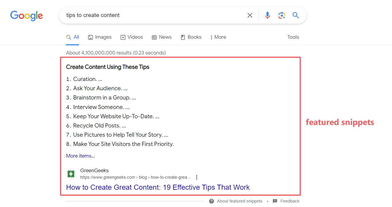 featured snippets sample from google