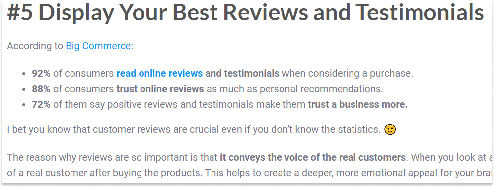 A screenshot of external linking in blog post sample