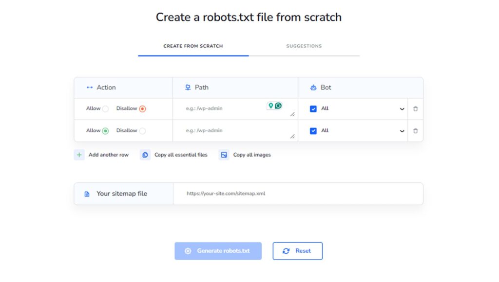 A screenshot of SE Ranking's Robots txt generator