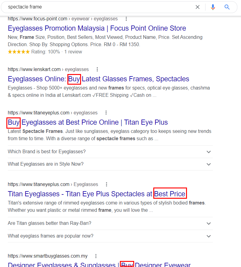 A screenshot of search results of keyword "Spectacle frame"