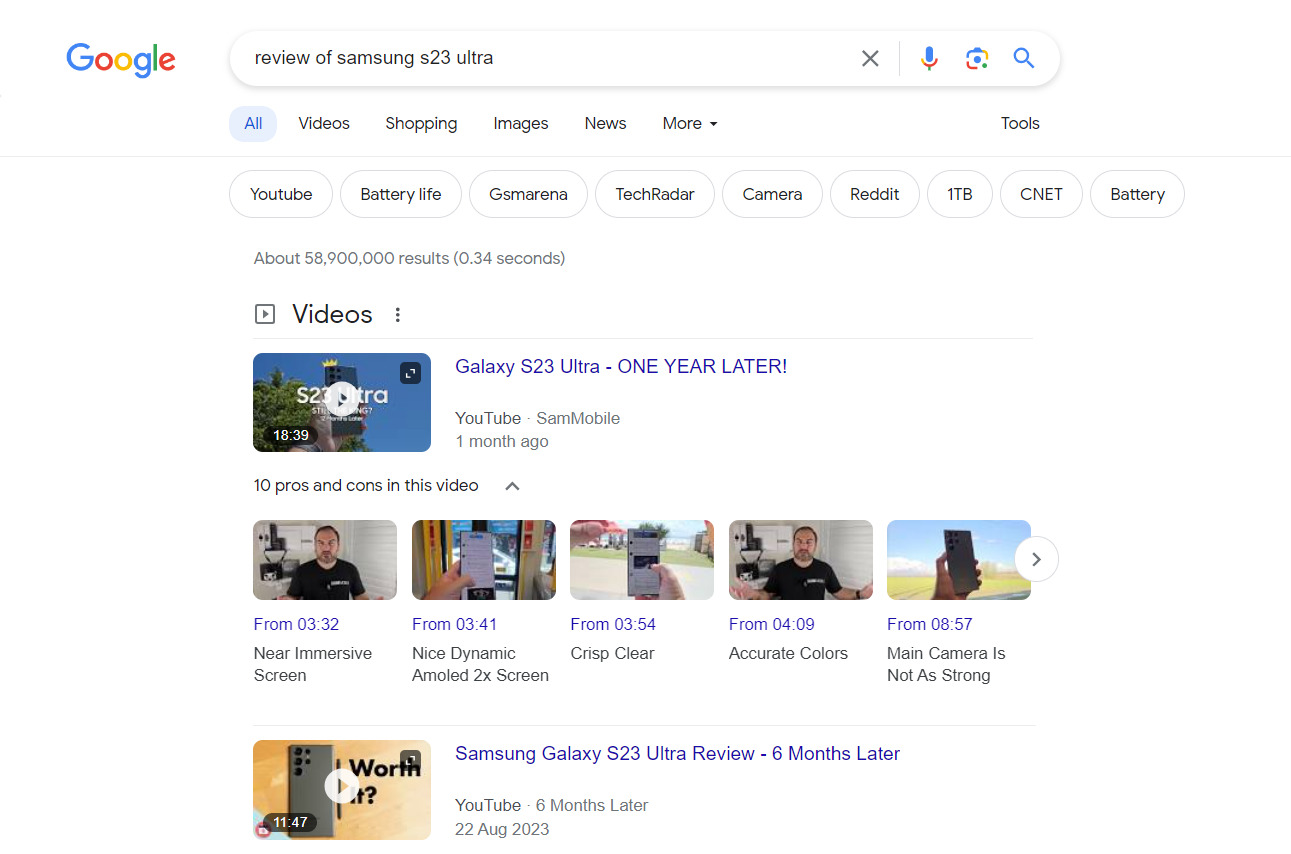 YouTube videos on Google