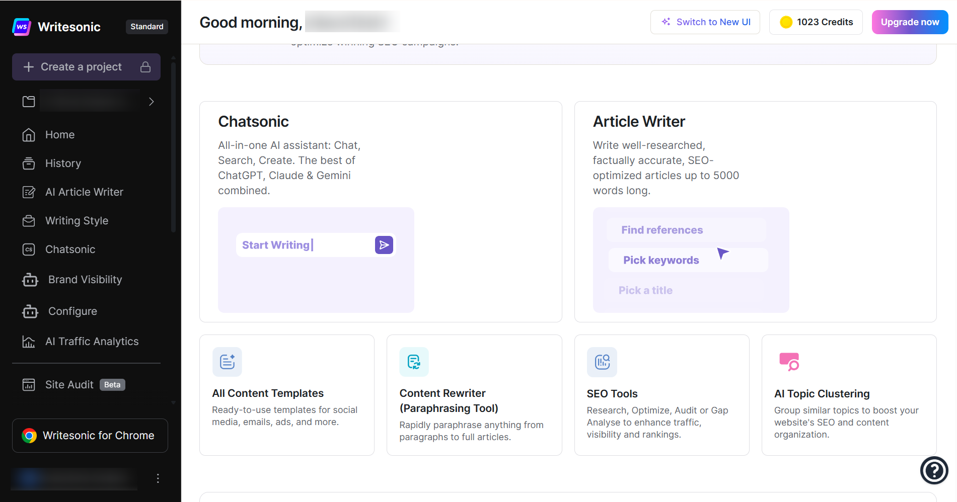 A screenshot of Writesonic home page