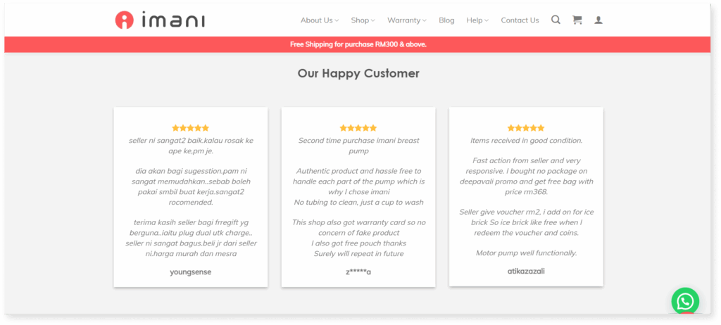 A screenshot of review section from homepage of Imani website
