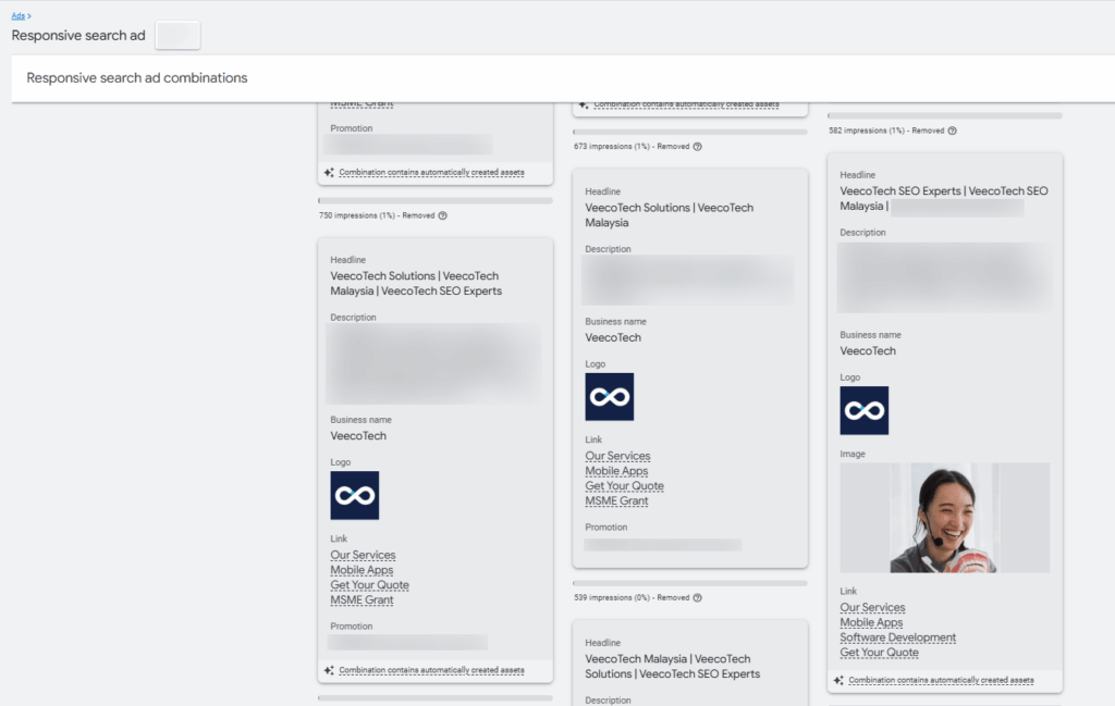 A screenshot of Google responsive search ads