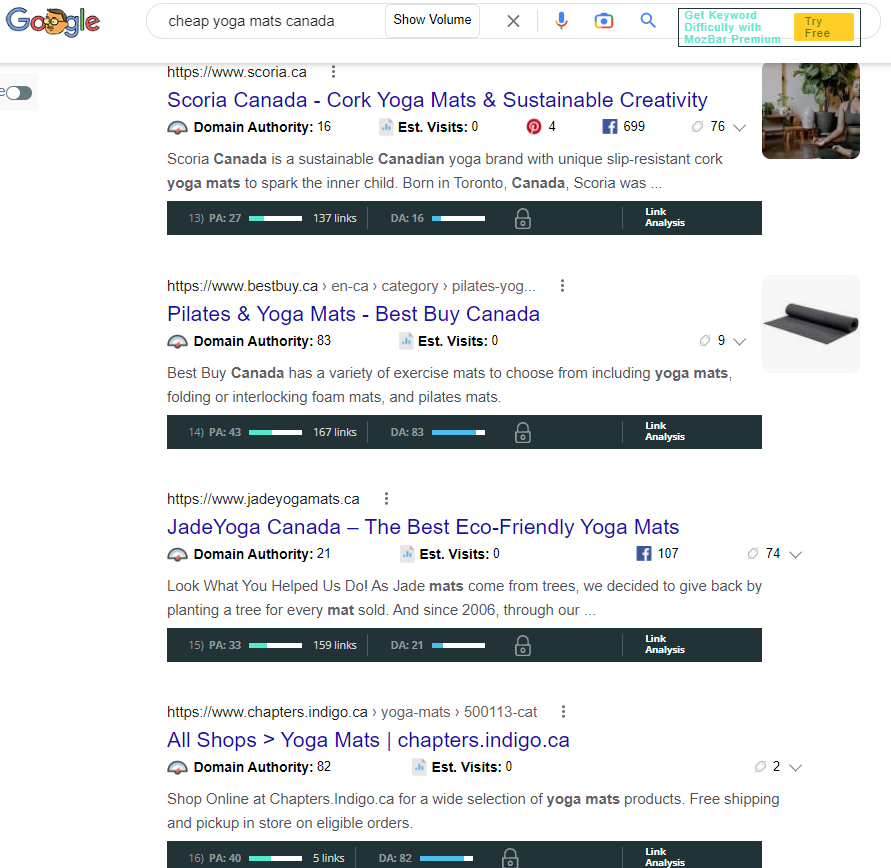 A screenshot of checking competitor DA thru SERP