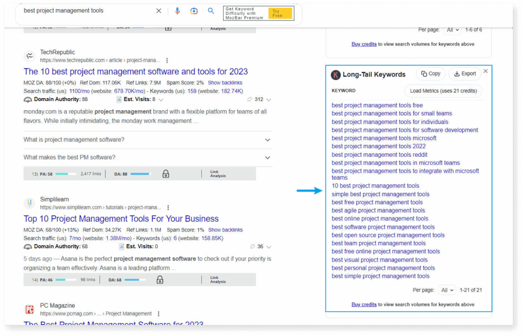 A screenshot of long tailed keyword suggestion by Keyword Everywhere Chrome Extension