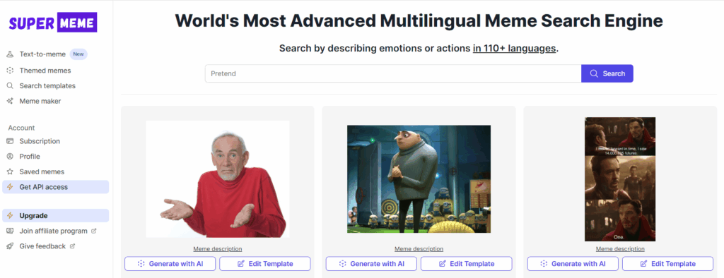 A screenshot of supermeme main page