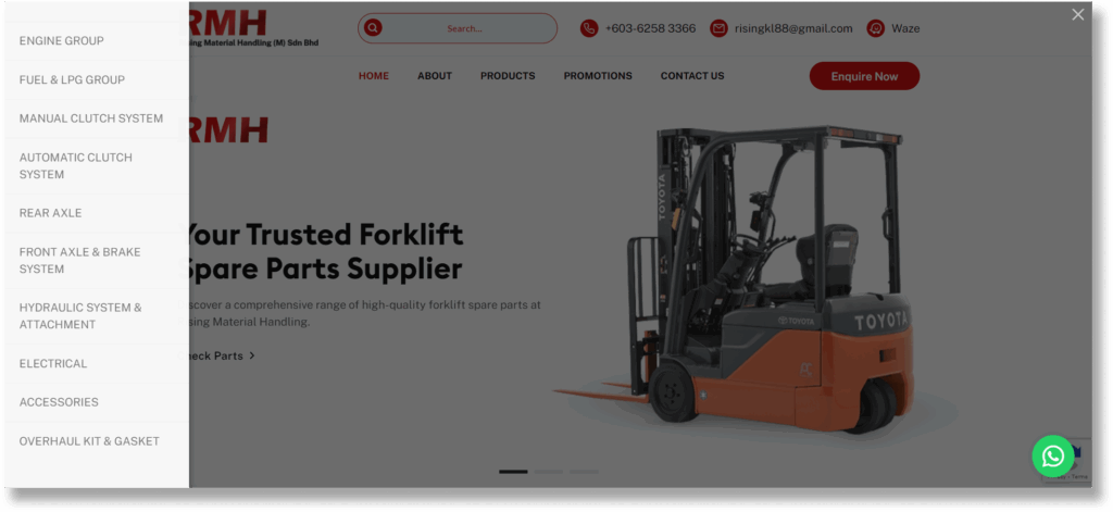 A screenshot of RMH forklift side bar menu