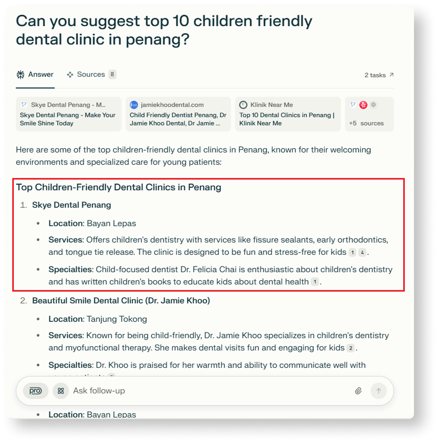 Skye Dental recommended by Perplexity AI as the best children friendly dental clinic in Penang