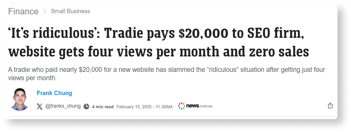 Screenshot of a news headline that showcase the mistrust towards SEO agencies due to underperform
