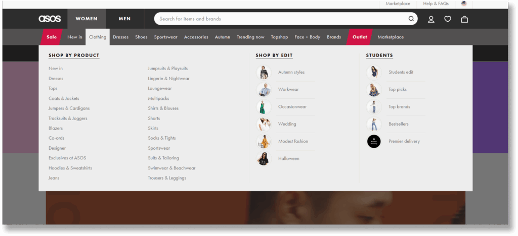 A screenshot of ASOS shop category