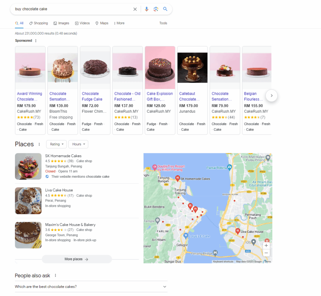 SERPs of queries buy chocolate cake