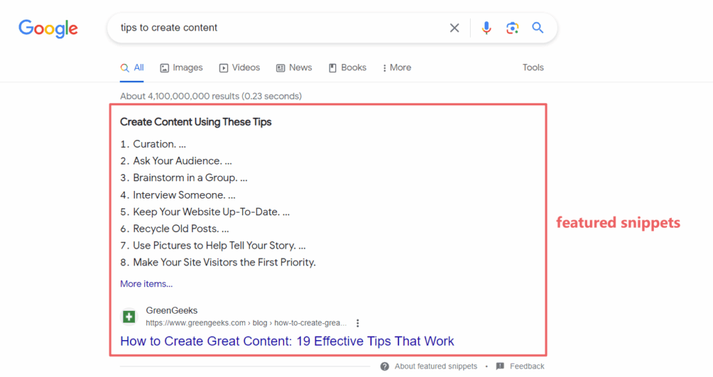 A screenshot of featured snippet of queries "tips to create content"