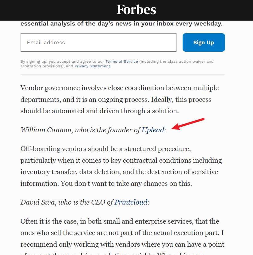 A screenshot of Uplead link mentioned from Forbes