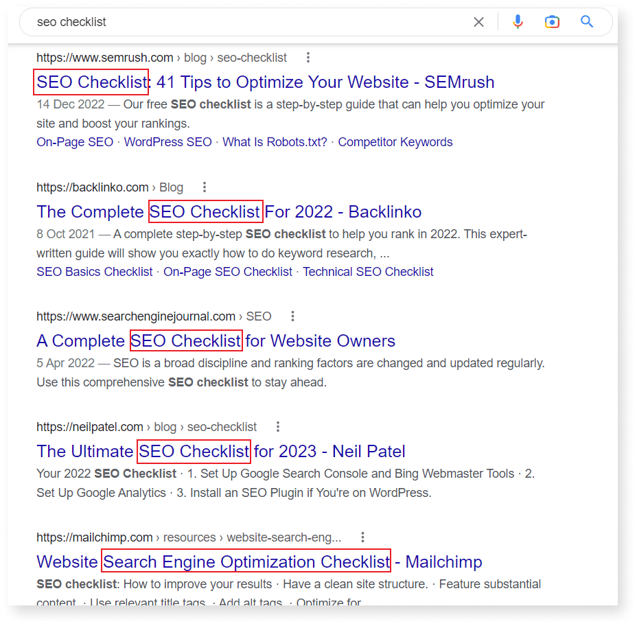 A screenshot of keyword in title in SERPs