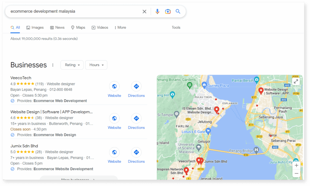 A screenshot of Google Snack Pack example with stars review