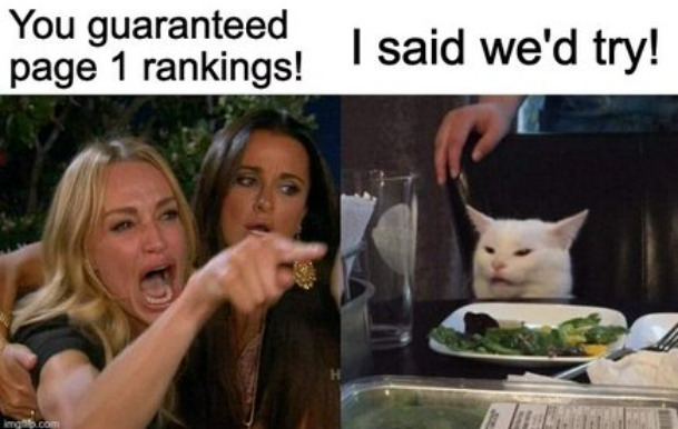 meme of guaranteed page 1 rankings with false promises