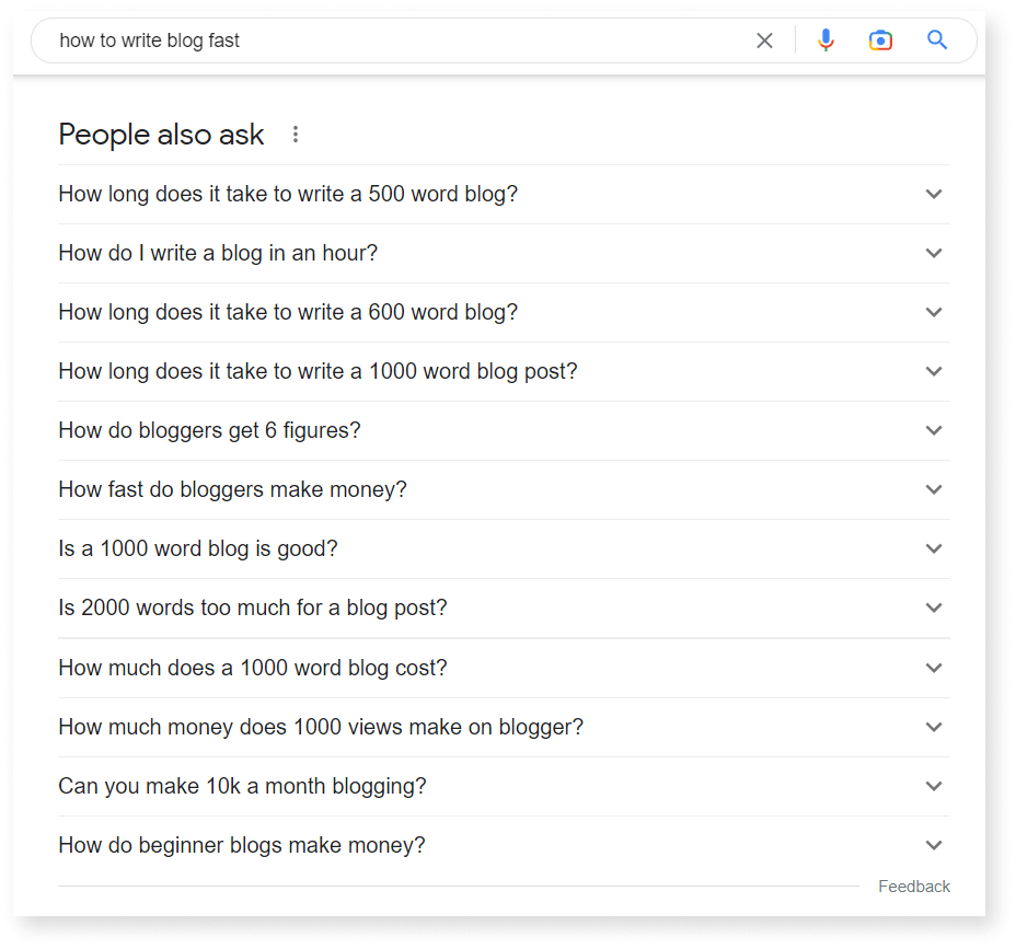 A screenshot of People Also Ask about "how to write blog post"
