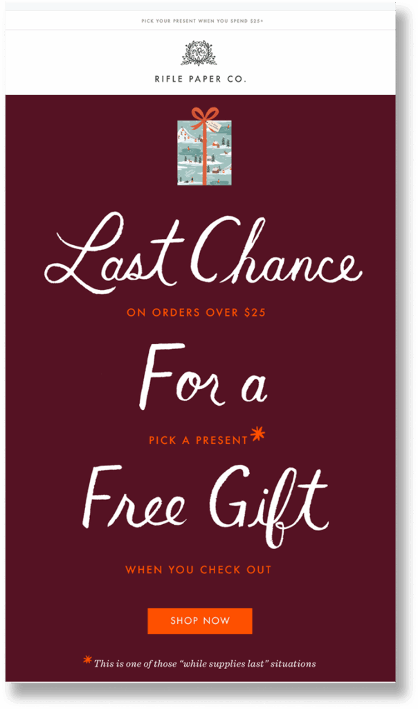 A screenshot of free gift email from Rifle