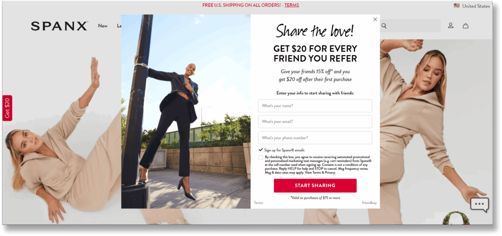 A screenshot of Spanx referral program