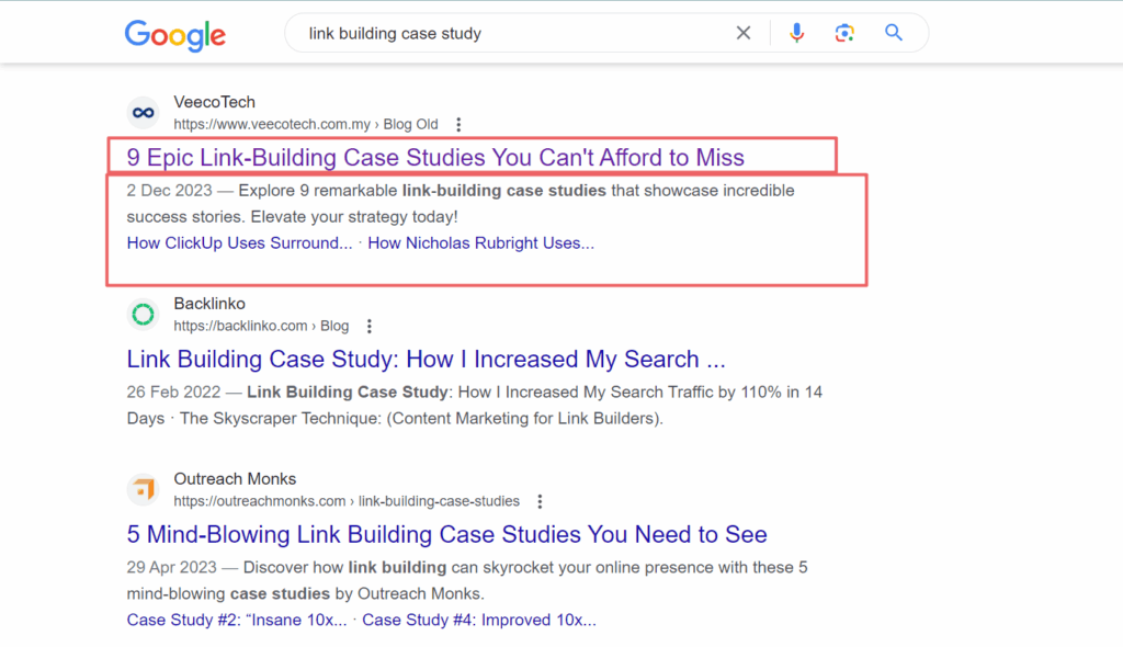 A screenshot of VeecoTech rank on first on Google with queries 'link building case studies'