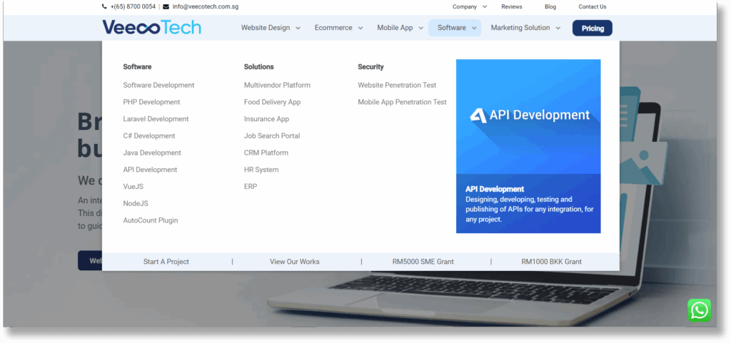 A screenshot of Veecotech two tiered header and mega menu
