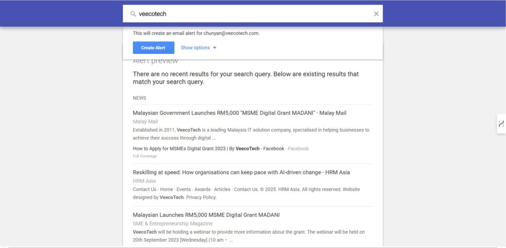 A screenshot of Google Alert