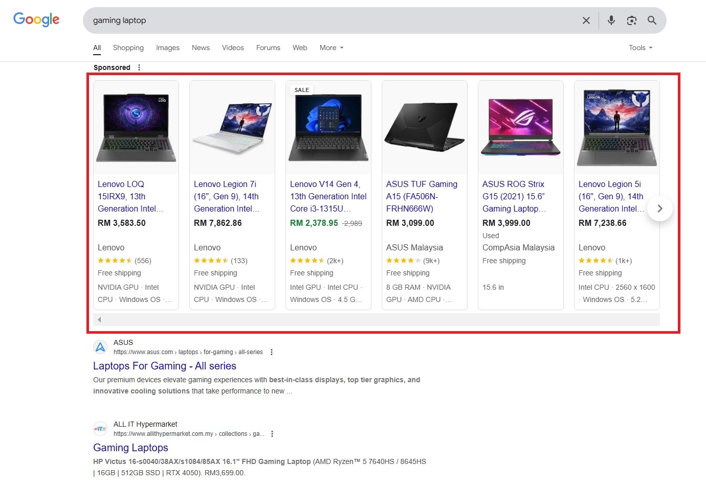 Google Shopping Ads for gaming laptop query
