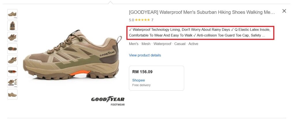 A screenshot of product description for shoes